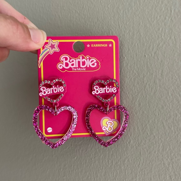 NWT Barbie the Movie Pink Glitter & Crystal Heart Earrings - Picture 7 of 9